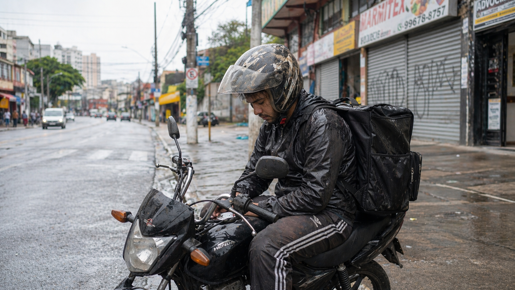 Entregador com capacete sujo após dia de chuva